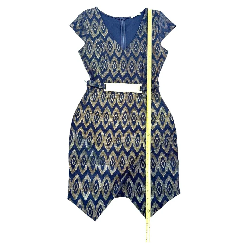 Gold & Black Geometric Metallic Dress with Belt - Size L Made USA Y2K NWT